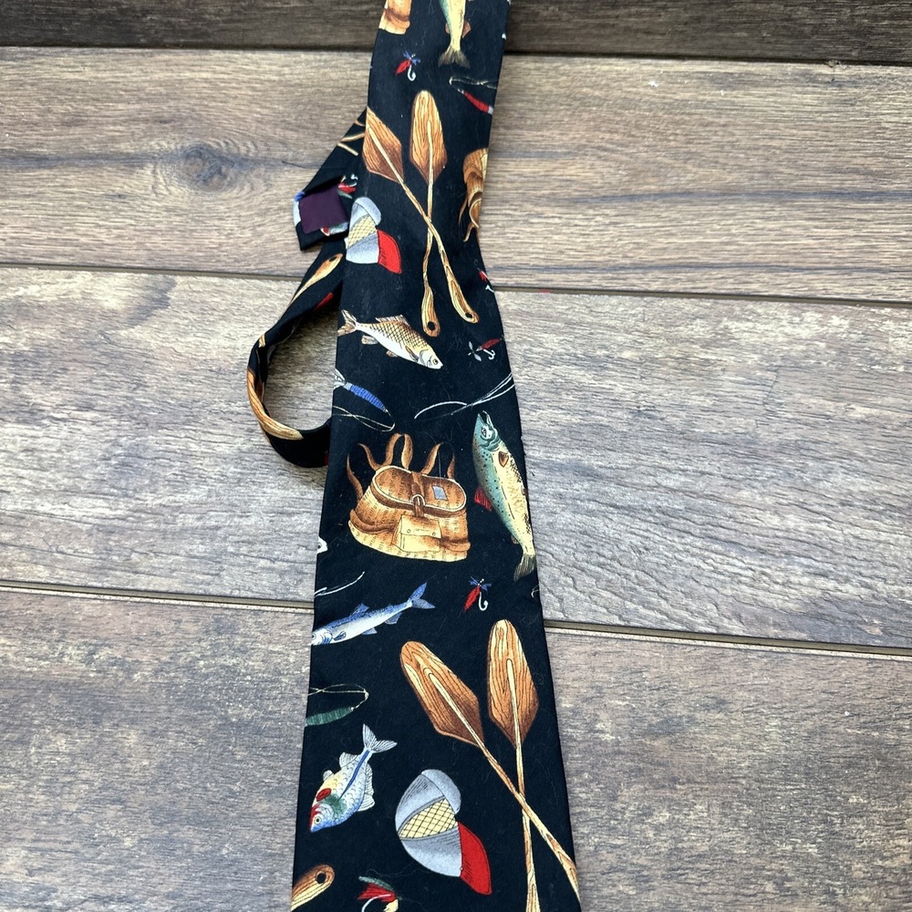 Ruff Hewn Mens Silk Tie Black Fly Fishing Fish Lure Rod Oar‎ Novelty Necktie